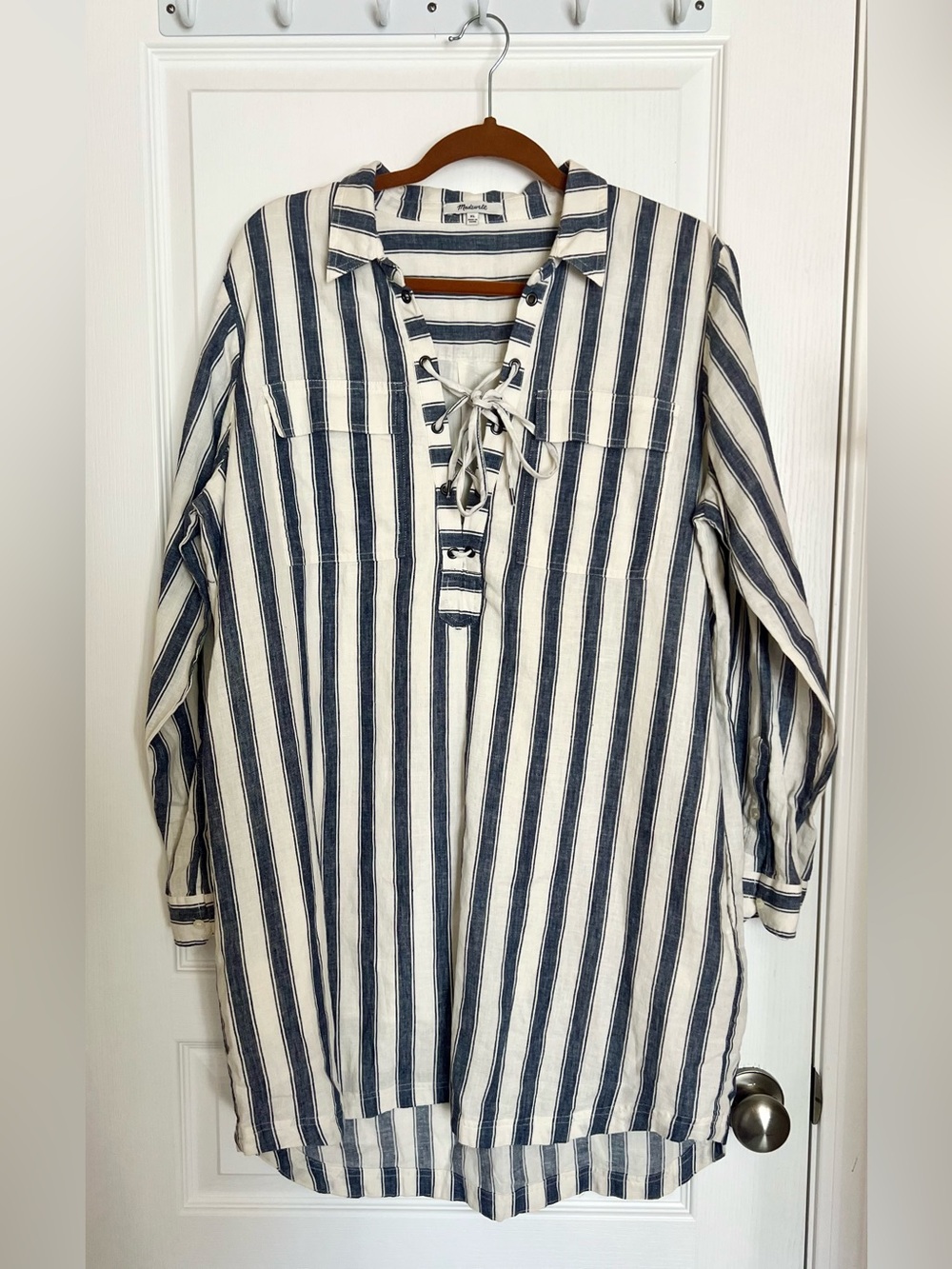 Madewell Coastal Chic Navy and White Striped Linen Blend Shirt Dress size XL